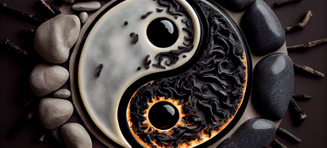 Buddhist balance with symbol on ancient stone pebble ,generative artificial intelligence